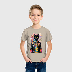 Футболка хлопковая детская Чёрный кот модник - нейросеть, цвет: миндальный — фото 2