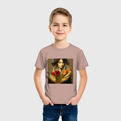 Футболка хлопковая детская Девушка с цветами в стиле экспрессионизм, дизайн 1, цвет: пыльно-розовый — фото 2