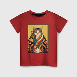 Футболка хлопковая детская Кот в кимоно, цвет: красный