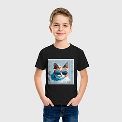 Футболка хлопковая детская Цифровой кот в темных очках, цвет: черный — фото 2