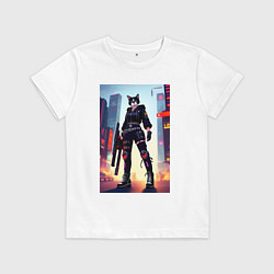 Детская футболка Крутая кошка с оружием - киберпанк