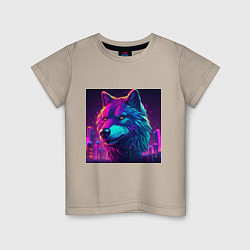 Детская футболка Волк в свете неонового киберпанк-города
