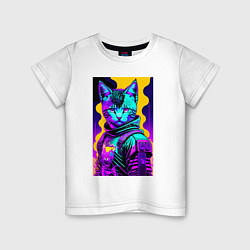 Детская футболка Прикольный неоновый котёнок - киберпанк