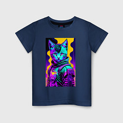 Футболка хлопковая детская Прикольный неоновый котёнок - киберпанк, цвет: тёмно-синий