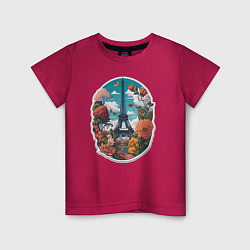 Футболка хлопковая детская Эйфелева башня в цветах, цвет: маджента