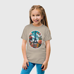 Футболка хлопковая детская Эйфелева башня в цветах, цвет: миндальный — фото 2