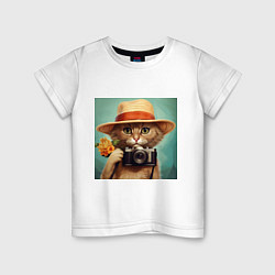 Детская футболка Кот в соломенной шляпе с фотоаппаратом