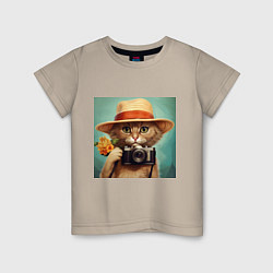 Детская футболка Кот в соломенной шляпе с фотоаппаратом