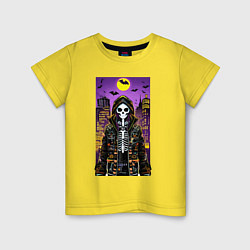 Детская футболка Хэллоуин в мегаполисе - модный скелет