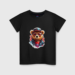 Футболка хлопковая детская Модный медведь в кепке и в очках, цвет: черный