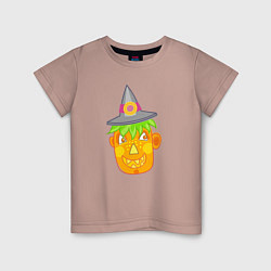 Футболка хлопковая детская Веселая тыква в шляпе: для вечеринки на Хэллоуин, цвет: пыльно-розовый
