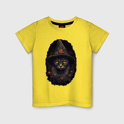 Футболка хлопковая детская Кот в шляпе ведьмы, цвет: желтый