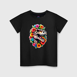 Футболка хлопковая детская Череп динозавра с цветами в мексиканском стиле, цвет: черный