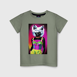 Футболка хлопковая детская Cat fashionista - pop art - neural network, цвет: авокадо