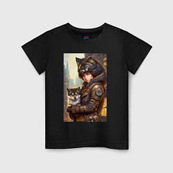 Детская футболка Девчонка фурри с волчонком - стимпанк - нейросеть