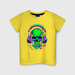 Детская футболка Кислотного цвета череп в наушниках