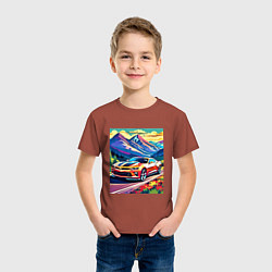 Футболка хлопковая детская Авто на фоне гор, цвет: кирпичный — фото 2