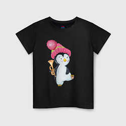 Футболка хлопковая детская Пингвин с трубой, цвет: черный