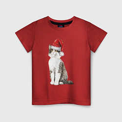 Футболка хлопковая детская Пятнистый кот в новогодней шапочке, цвет: красный