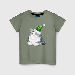 Детская футболка Котик в зеленой новогодней шапке