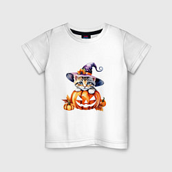 Детская футболка Хэллоуин - котенок с тыквой