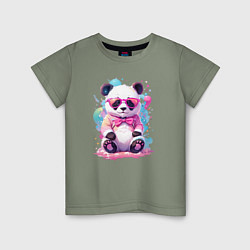 Футболка хлопковая детская Милая панда в розовых очках и бантике, цвет: авокадо