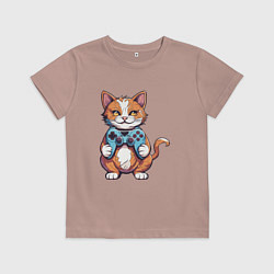 Футболка хлопковая детская Рыжий кот геймер, цвет: пыльно-розовый
