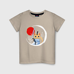 Футболка хлопковая детская Анимешный кот самурай, цвет: миндальный