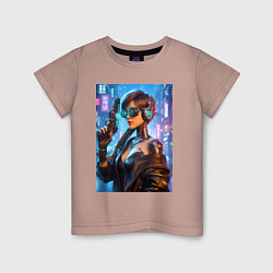 Детская футболка Крутая девчонка с пистолетом - киберпанк