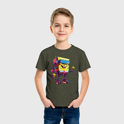 Футболка хлопковая детская Sponge Bob - cyberpunk - ai art, цвет: меланж-хаки — фото 2