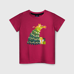 Детская футболка Рыжий кот на ёлке и гирляндами и звездой подарки