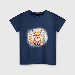 Детская футболка Милый большеухий лисенок сидит в цветах
