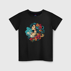 Детская футболка Девушка с голубыми волосами и цветами