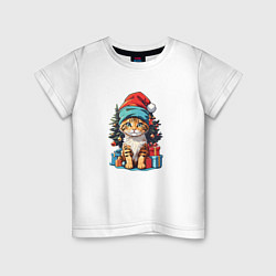 Детская футболка Кот в новогодней шапке на фоне елки