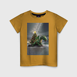 Детская футболка Зеленый дракон у новогодней елки