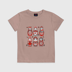Футболка хлопковая детская Шесть матрешек в стиле мезенской росписи, цвет: пыльно-розовый