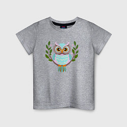 Детская футболка Сова яркая птица на ветке с листьями