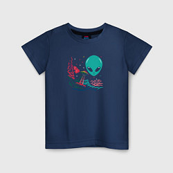 Футболка хлопковая детская Нло и инопланетянин, цвет: тёмно-синий