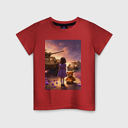 Детская футболка Маленькая девочка посреди танков