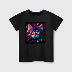 Детская футболка Неоновый котэ в цветах на черном фоне