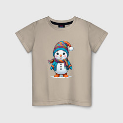 Футболка хлопковая детская Снеговик в шапочке и с шарфом, цвет: миндальный