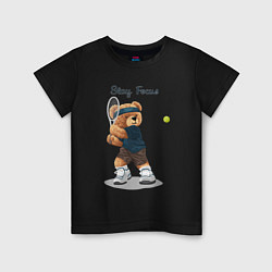 Футболка хлопковая детская Плюшевый медвежонок играет в теннис, цвет: черный