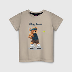 Футболка хлопковая детская Плюшевый медвежонок играет в теннис, цвет: миндальный