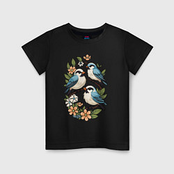 Детская футболка Три птицы на ветках в цветах