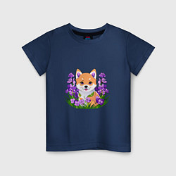 Детская футболка Щенок Сибу-ину среди сиреневых цветов