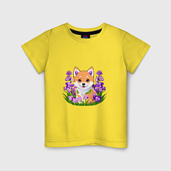 Детская футболка Щенок Сибу-ину среди сиреневых цветов