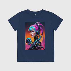 Детская футболка Девушка в стиле киберпанк с черепом - нейросеть