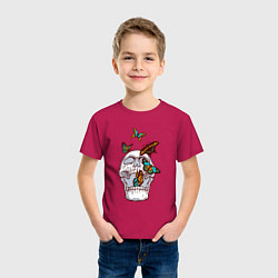Футболка хлопковая детская Бабочки и череп, цвет: маджента — фото 2