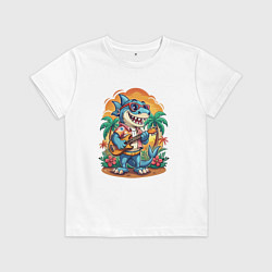 Футболка хлопковая детская Акула играет на гитаре жарким летом, цвет: белый