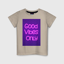 Футболка хлопковая детская Неоновая надпись good vibes only и кирпичная стена, цвет: миндальный